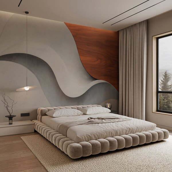 Fototapety Plynulé abstraktní vlny s teplými dřevěnými akcenty, minimalistický moderní design, Fototapety moderní, w05599 : uwalls.cz
