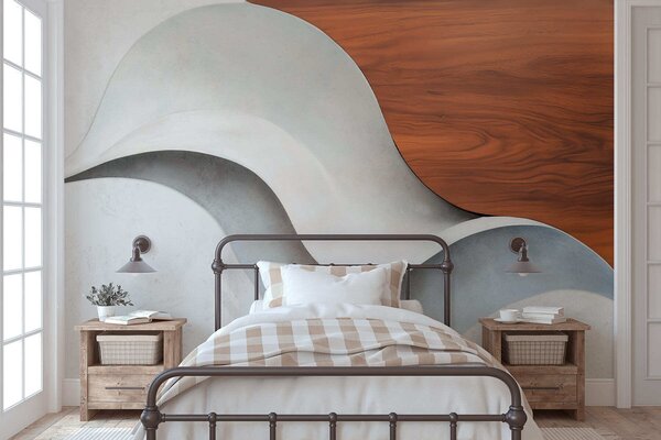 Fototapety Plynulé abstraktní vlny s teplými dřevěnými akcenty, minimalistický moderní design, Fototapety moderní, w05599 : uwalls.cz