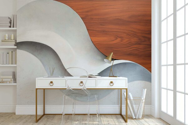 Fototapety Plynulé abstraktní vlny s teplými dřevěnými akcenty, minimalistický moderní design, Fototapety moderní, w05599 : uwalls.cz