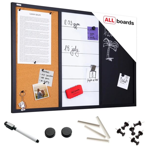 ALLboards COMBI CO96KBM_BK Kombinovaná tabule 3 v 1: bílá magnetická, černá magnetická na křídu a korková 90x60 cm