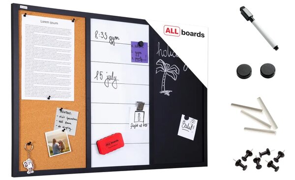 ALLboards COMBI CO96KBM_BK Kombinovaná tabule 3 v 1: bílá magnetická, černá magnetická na křídu a korková 90x60 cm