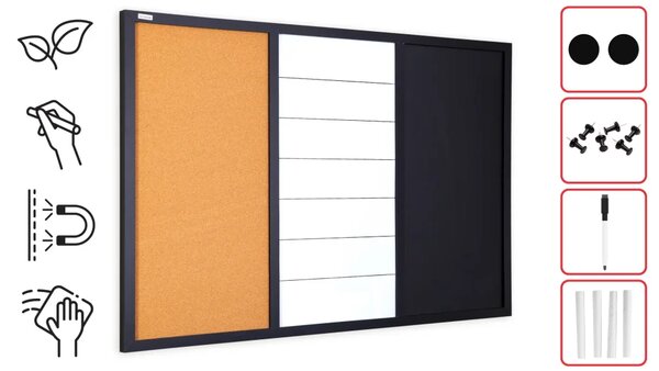 ALLboards COMBI CO96KBM_BK Kombinovaná tabule 3 v 1: bílá magnetická, černá magnetická na křídu a korková 90x60 cm