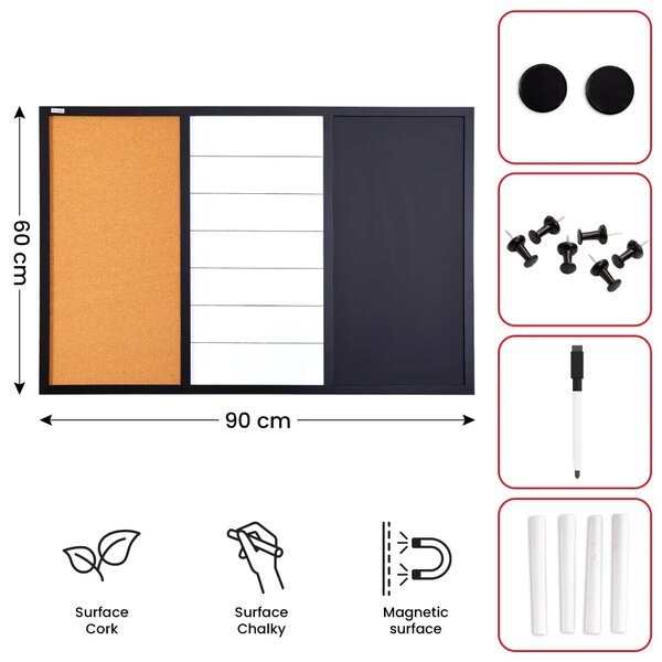 ALLboards COMBI CO96KBM_BK Kombinovaná tabule 3 v 1: bílá magnetická, černá magnetická na křídu a korková 90x60 cm