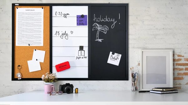 ALLboards COMBI CO96KBM_BK Kombinovaná tabule 3 v 1: bílá magnetická, černá magnetická na křídu a korková 90x60 cm