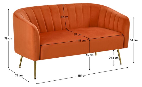 KONDELA Designový 2-sed, terakota Velvet látka/gold chrom-zlatý, BAGY