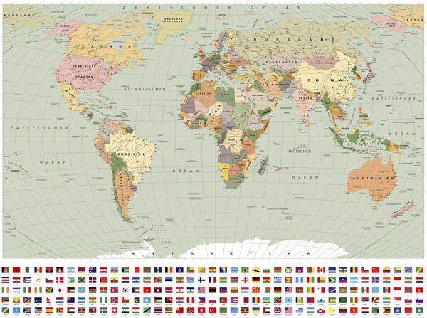 Fototapety Olivově zbarvená politická mapa světa s vlajkami v němčině, Tapety Unikátní, c00004dev1 : uwalls.cz