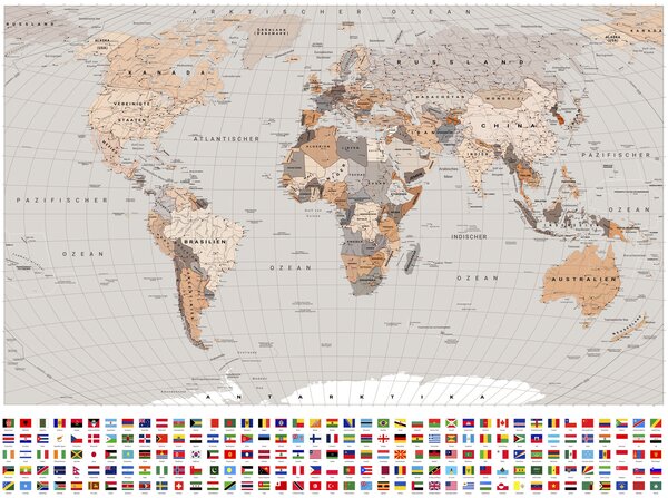 Fototapety Politická mapa světa s vlajkami v odstínech hnědé a béžové v němčině, Tapety Unikátní, c00004dev2 : uwalls.cz