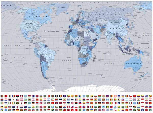 Fototapety Politická mapa světa s vlajkami v odstínech modré barvy (v němčině), Tapety Unikátní, c00004dev3 : uwalls.cz