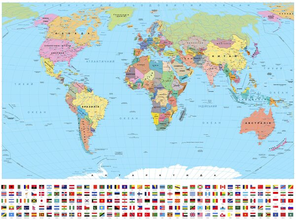 Fototapety Olivově zbarvená politická mapa světa s vlajkami, v ukrajinštině, Fototapety mapy světa, c00004uk : uwalls.cz