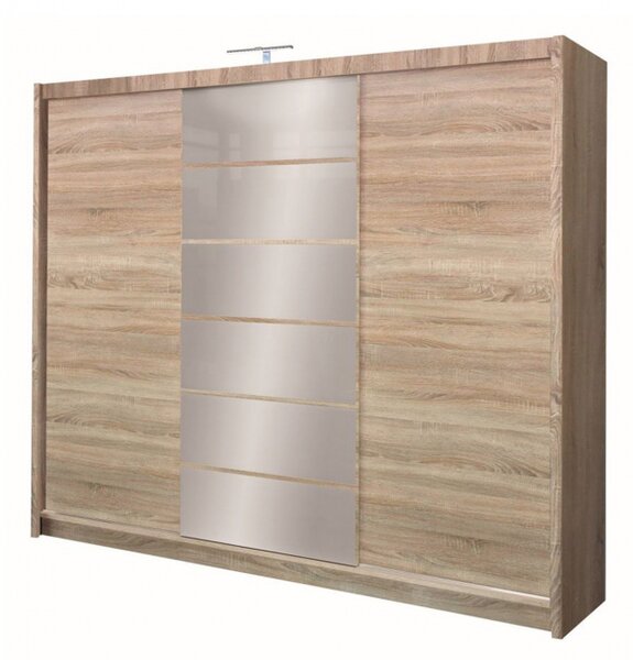 Šatní skříň se zrcadlem a LED osvětlením CASILDA - 250 cm, dub sonoma
