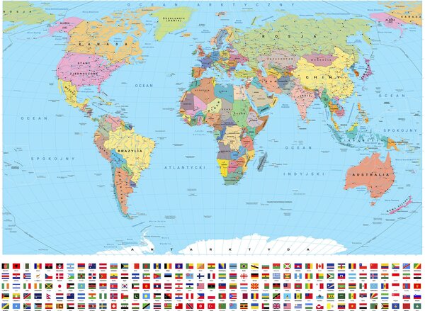 Fototapety Olivově zbarvená politická mapa světa s vlajkami v polštině, Fototapety mapy světa, c00004pl : uwalls.cz