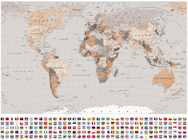 Fototapety Politická mapa světa s vlajkami v odstínech hnědé a béžové. V polštině, Fototapety mapy světa, c00004plv2 : uwalls.cz