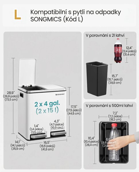 SONGMICS Odpadkový koš na tříděný odpad Bins 30 L bílý