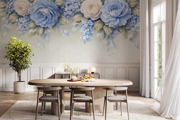 Fototapety Jemné růže a květinové kytice v botanické kompozici inspirované porcelánem, s jemně vrstvenými, Fototapety květiny, w05495 : uwalls.cz