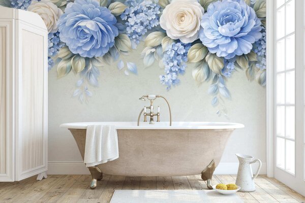 Fototapety Jemné růže a květinové kytice v botanické kompozici inspirované porcelánem, s jemně vrstvenými, Fototapety květiny, w05495 : uwalls.cz