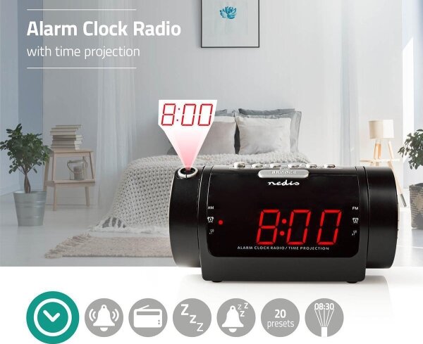 Nedis CLAR005BK - Radiobudík s LED displejem a projektorem 230V
