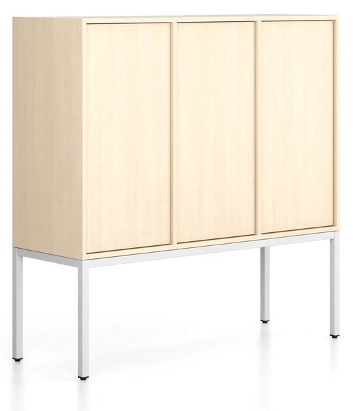 Kancelářská skříň FRAME, nízká, bílá podnož, 3x dveře, 1299 x 450 x 1331 mm, PUSH-lock, bříza