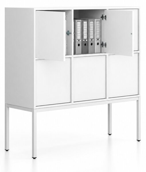 Kancelářská skříň FRAME, nízká, bílá podnož, 6x dveře, 1299 x 450 x 1331 mm, PUSH-lock, bílá