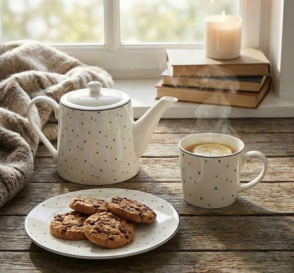 Bílá porcelánová konvička se srdíčky Lovely Day - 23*14*14 cm / 1000 ml - Clayre & Eef
