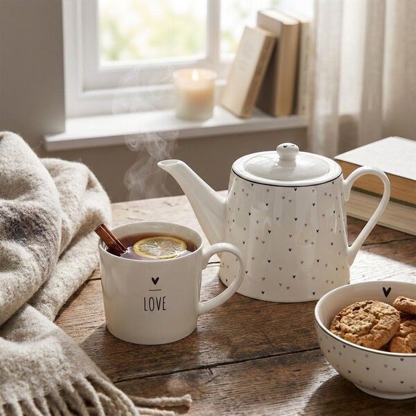 Bílá porcelánová konvička se srdíčky Lovely Day - 23*14*14 cm / 1000 ml - Clayre & Eef