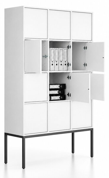 Kancelářská skříň FRAME, černá podnož, 12x dveře, 1299 x 450 x 2185 mm, PUSH-lock, bílá