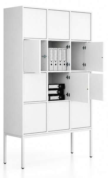 Kancelářská skříň FRAME, bílá podnož, 12x dveře, 1299 x 450 x 2185 mm, PUSH-lock, bílá