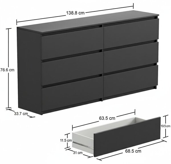 Komoda Komoda s 6 zásuvkami, černá matná, 140 cm, moderní a prostorná, do obývacího pokoje nebo ložnice