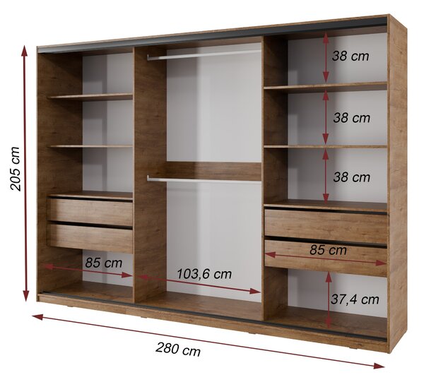Česká šatní skříň NEJBY BARNABA 280 cm s posuvnými dveřmi,zrcadlem,4 šuplíky a 2 šatními tyčemi,dub lefkas
