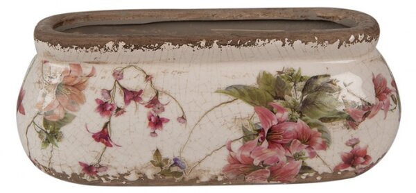 Béžový keramický oválný obal na květináč s květinami v antickém stylu s odřením – 18x8x7 cm
