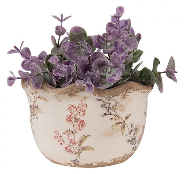 Béžový keramický obal na květináč s kytičkami Tilda s vlnitým okrajem – 14x9 cm