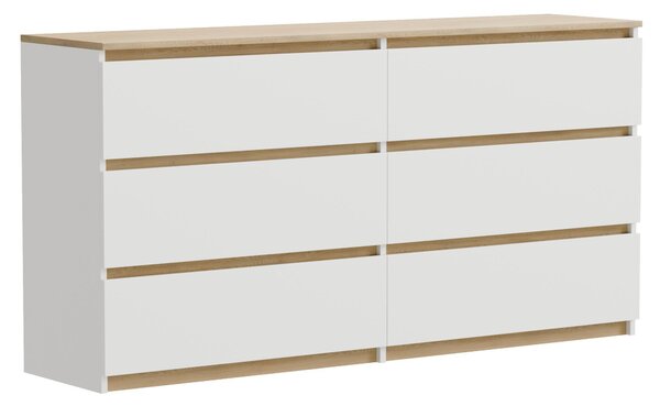 Komoda Komoda s 6 zásuvkami, bílá dubová, Torro 140 cm, moderní, prostorná, do obývacího pokoje nebo ložnice