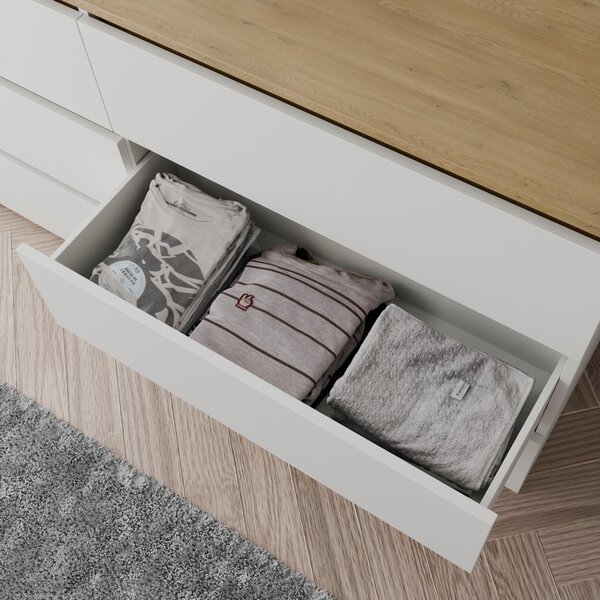 Komoda Komoda s 6 zásuvkami, bílá dubová, Torro 140 cm, moderní, prostorná, do obývacího pokoje nebo ložnice