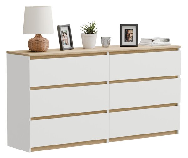 Komoda Komoda s 6 zásuvkami, bílá dubová, Torro 140 cm, moderní, prostorná, do obývacího pokoje nebo ložnice