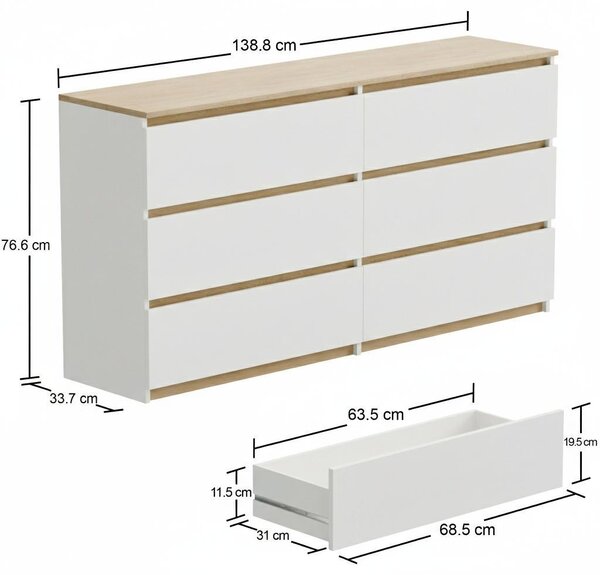 Komoda Komoda s 6 zásuvkami, bílá dubová, Torro 140 cm, moderní, prostorná, do obývacího pokoje nebo ložnice