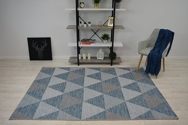 Balta Kusový koberec SISAL LOFT 21132 Trojúhelníky slonová kost / modrý / stříbrný Rozměr: 80x150 cm