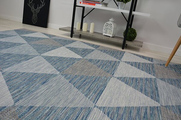 Balta Kusový koberec SISAL LOFT 21132 Trojúhelníky slonová kost / modrý / stříbrný Rozměr: 80x150 cm