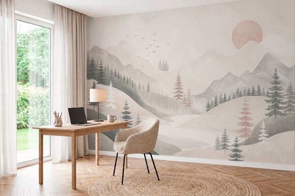 Fototapety Minimalistická horská krajina s borovicemi, Fototapety příroda, w05626 : uwalls.cz