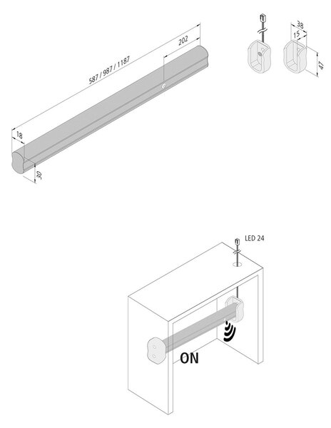 Hera LED osvětlení šatní tyče se senzorem, 100cm, Hliník / šedá / zinek, Ložnice, kov, Moderní