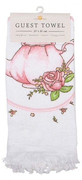 Bílý froté ručník s růžovou čajovou konvičkou – 40x66 cm