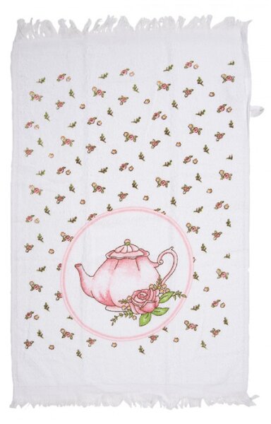 Bílý froté ručník s růžovou čajovou konvičkou – 40x66 cm