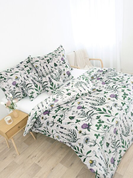 MK Lůžkoviny Prodloužené mikroplyšové povlečení Exclusive - Herbář světle šedý 140 × 220 cm, 70 x 90 cm