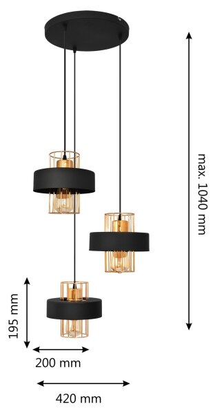Lustr na lanku VOLTA 3xE27/15W/230V černá/rose gold