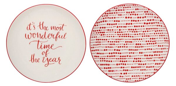 Sada 2 kameninových talířů s červeným vánočním dekorem Bloomingville Joy, ⌀ 20 cm