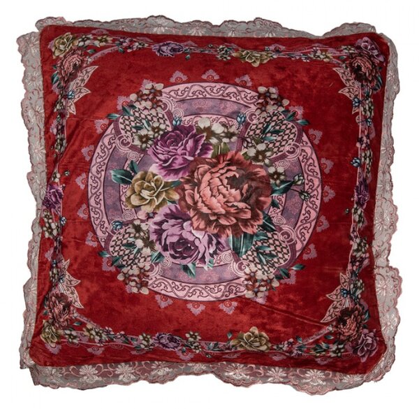 Červený povlak na polštář s květinovým motivem a krajkou Geertruida – 55x55 cm