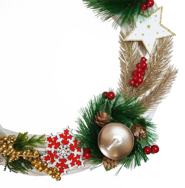 Adventní bílý svícen se stříbrnými svíčkami a zlato bílou dekorací