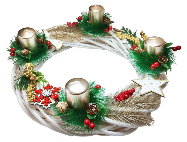 Adventní bílý svícen se stříbrnými svíčkami a zlato bílou dekorací