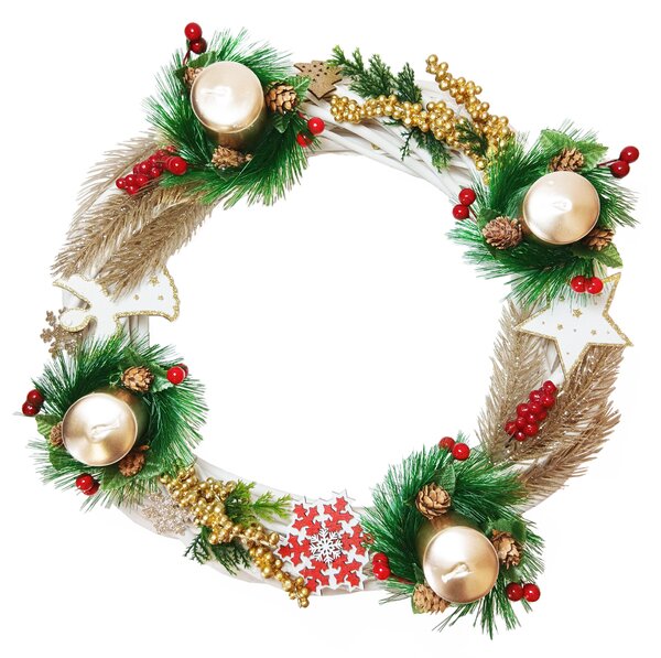 Adventní bílý svícen se stříbrnými svíčkami a zlato bílou dekorací