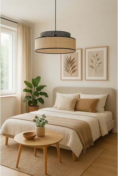 Lustr na lanku BOHO 1xE27/60W/230V pr. 40 cm černá/ratan