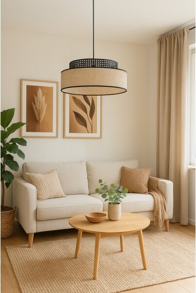 Lustr na lanku BOHO 1xE27/60W/230V pr. 40 cm černá/ratan