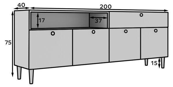 Komoda se skříňkami a zásuvkou DULLUM 200x75cm, bílá